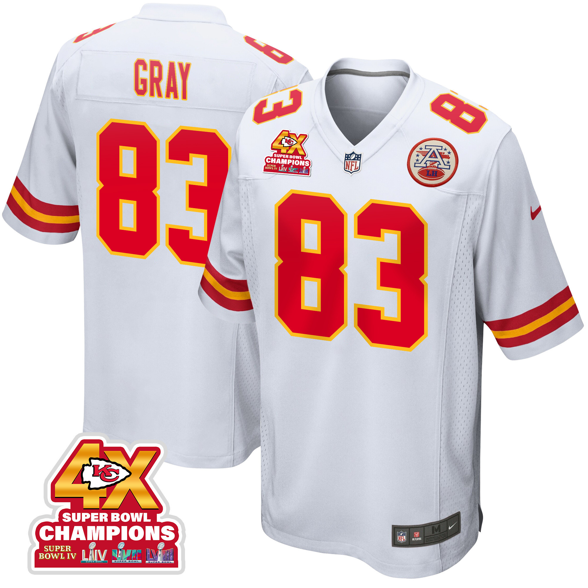 Noah Gray 83 Kansas City Chiefs Super Bowl LVIII Champions 4X Game White NFL Jersey Men's