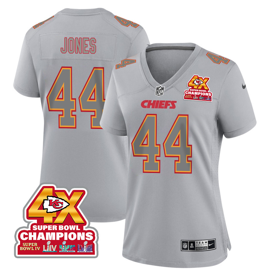 Cam Jones 44 Kansas City Chiefs Super Bowl LVIII Champions 4X Atmosphere Fashion Game Gray NFL Jersey Women's