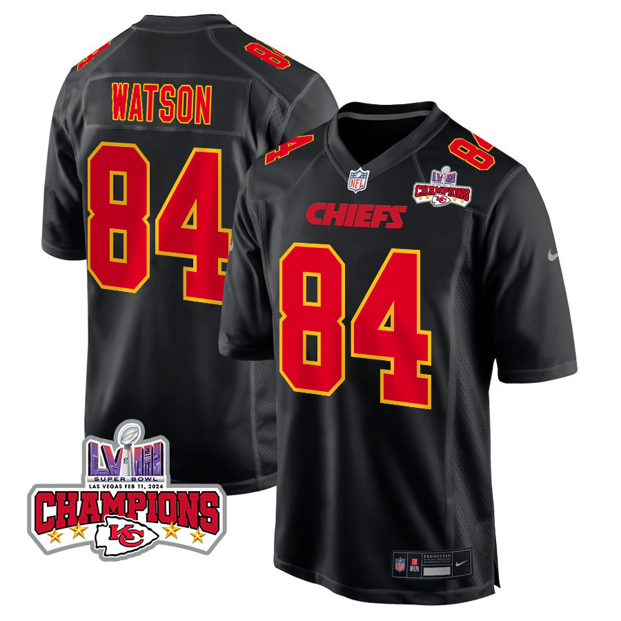 Justin Watson 84 Kansas City Chiefs Super Bowl LVIII Champions 4 Stars Patch Fashion Game Carbon Black NFL Jersey Men's