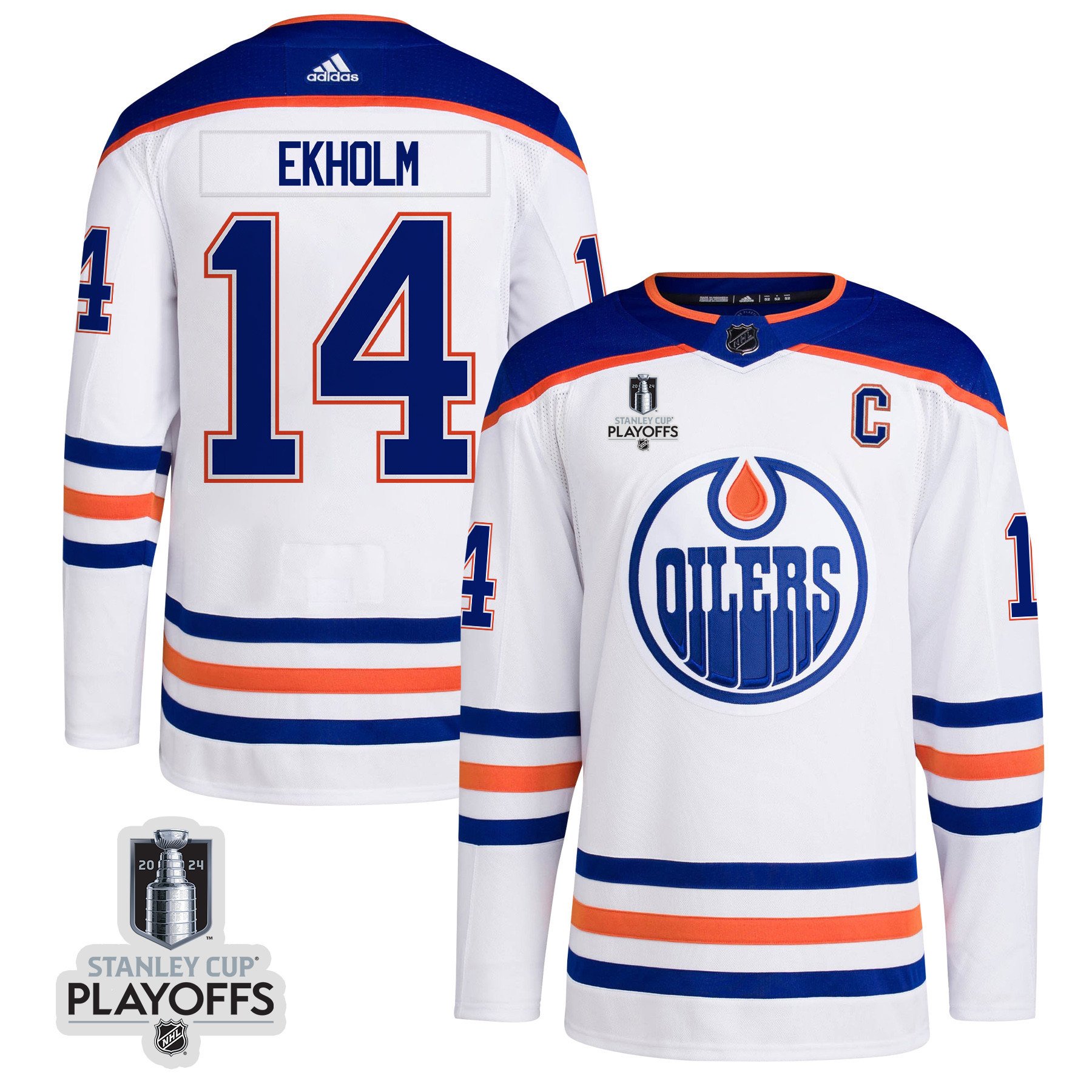 Mattias Ekholm 14 Edmonton Oilers 2024 Playoffs Patch Away White NHL Jersey Men's