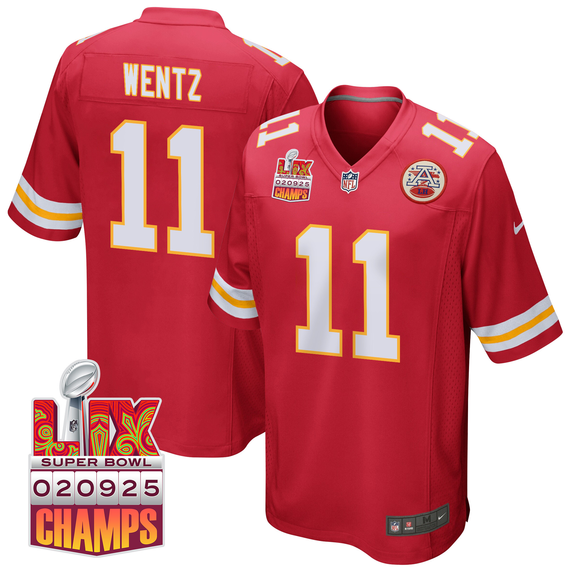 Carson Wentz 11 Kansas City Chiefs Super Bowl LIX Champions Patch Game Red NFL Jersey Men's