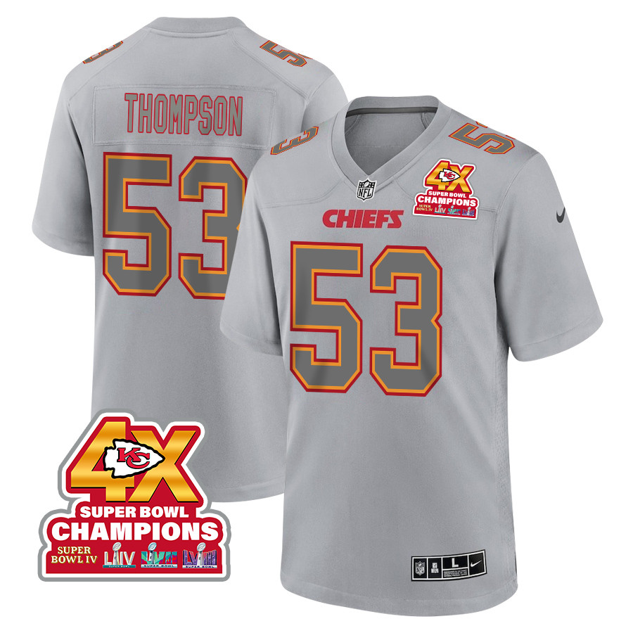 BJ Thompson 53 Kansas City Chiefs Super Bowl LVIII Champions 4X Atmosphere Fashion Game Gray NFL Jersey Men's