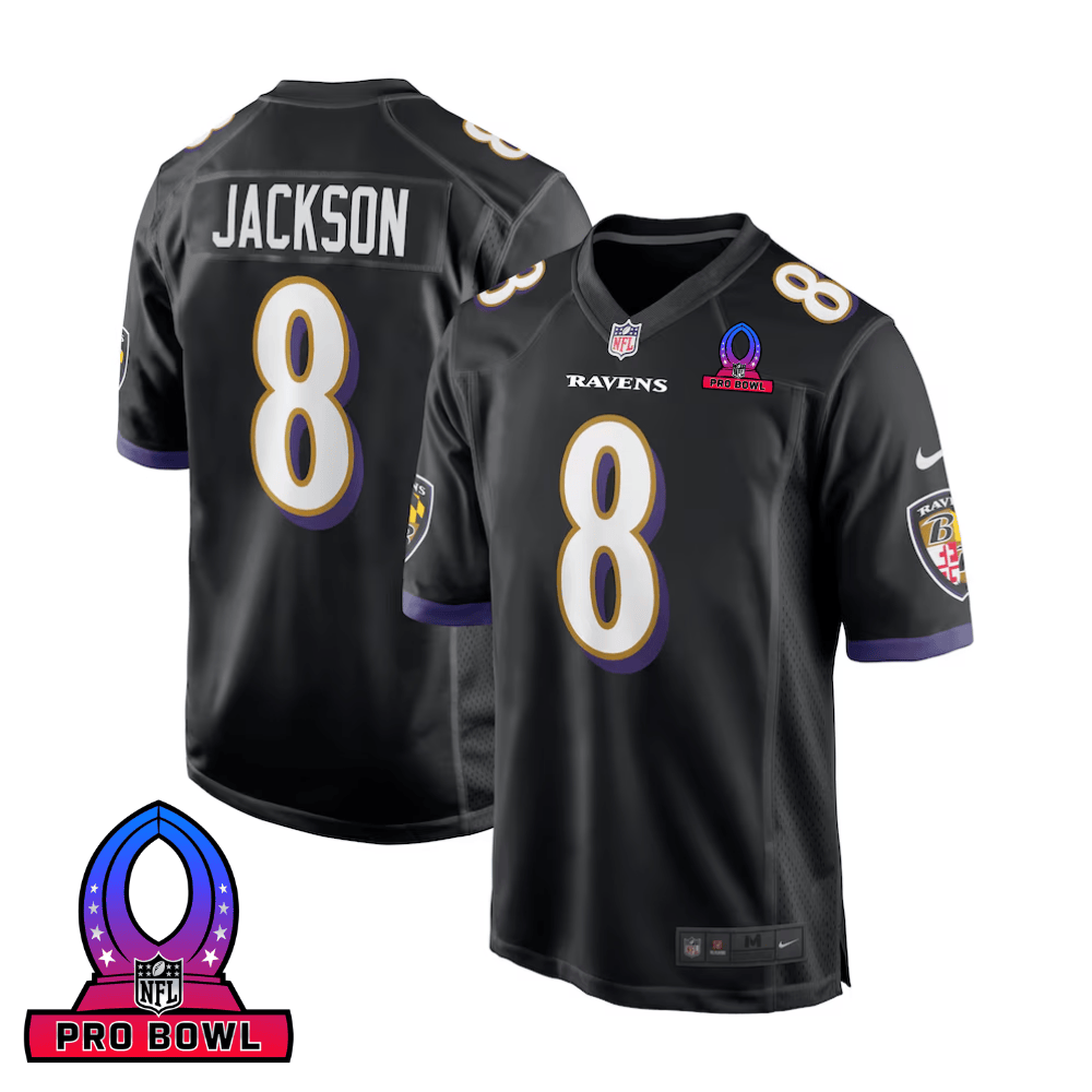 Lamar Jackson 8 Baltimore Ravens 2025 Pro Bowl Patch Alternate Game Black NFL Jersey Men's
