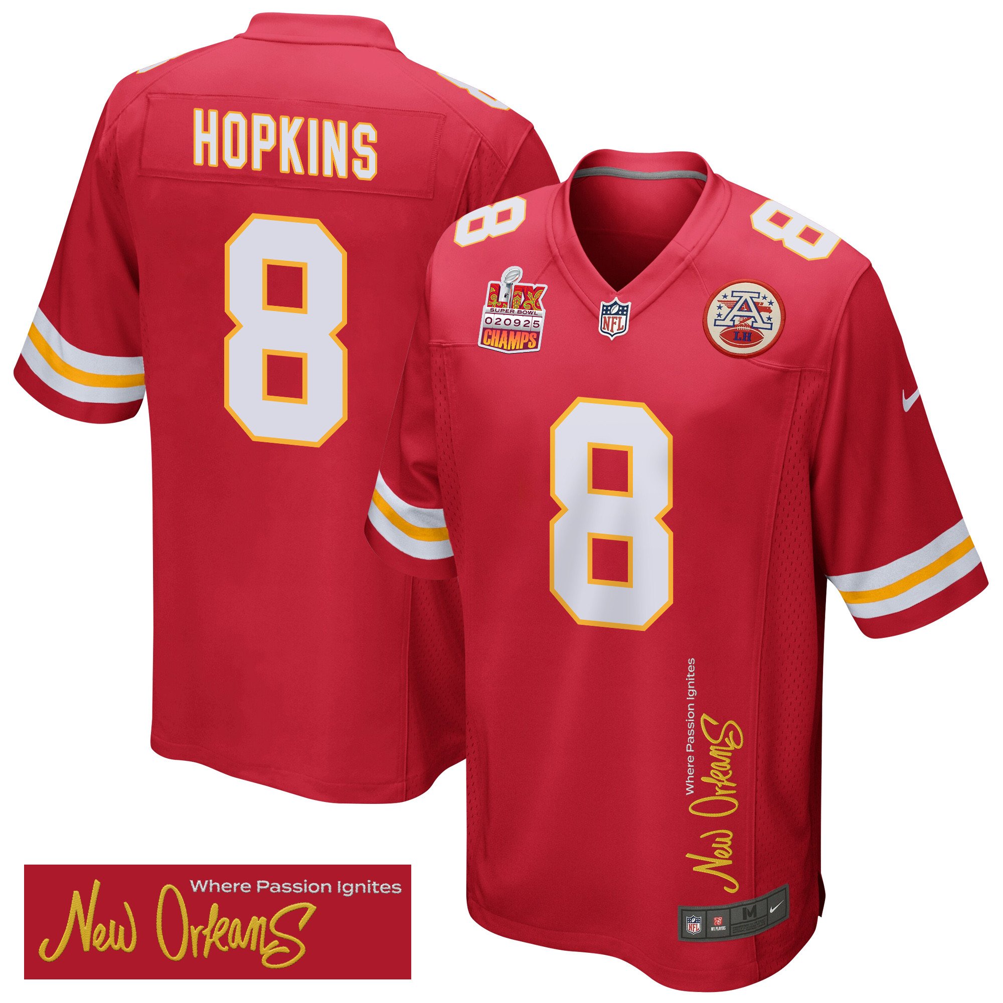 DeAndre Hopkins 8 Kansas City Chiefs Super Bowl LIX Champions Patch New Orleans Where Passion Ignites' EMBROIDERED Game Red NFL Jersey Men's