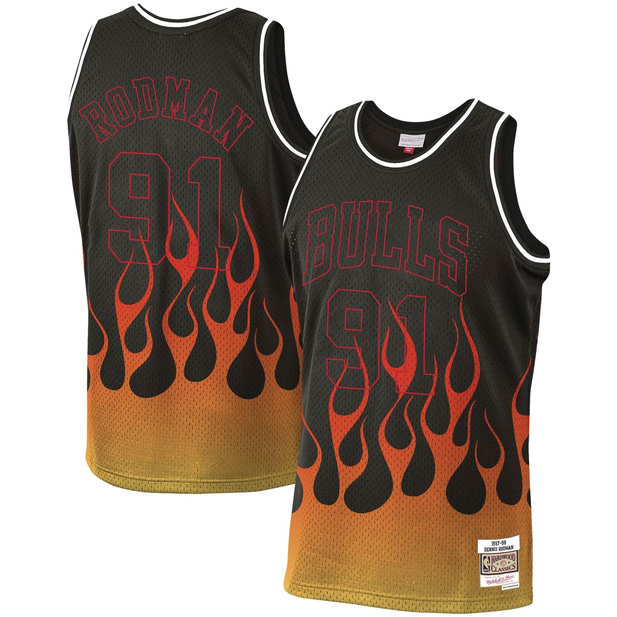 Dennis Rodman Chicago Bulls Mitchell Ness 1997-98 Hardwood Classics Flames Swingman Black NBA Jersey Men's