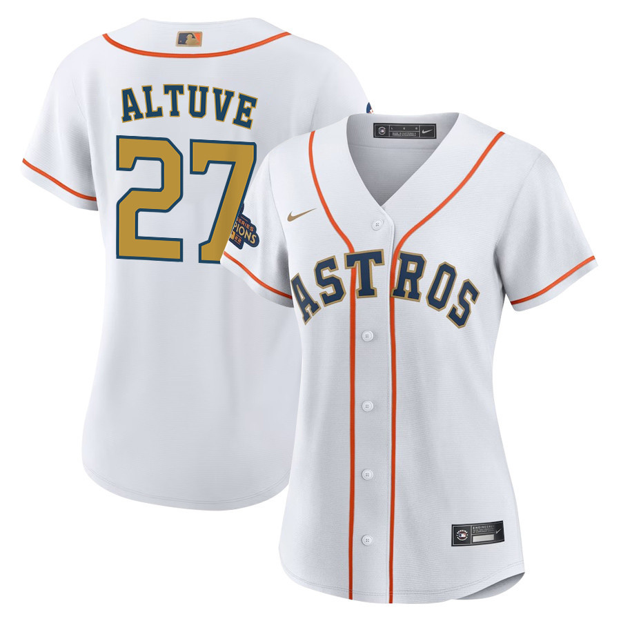 Jose Altuve 27 Houston Astros 2023 Gold Collection White/Gold MLB Jersey Women's