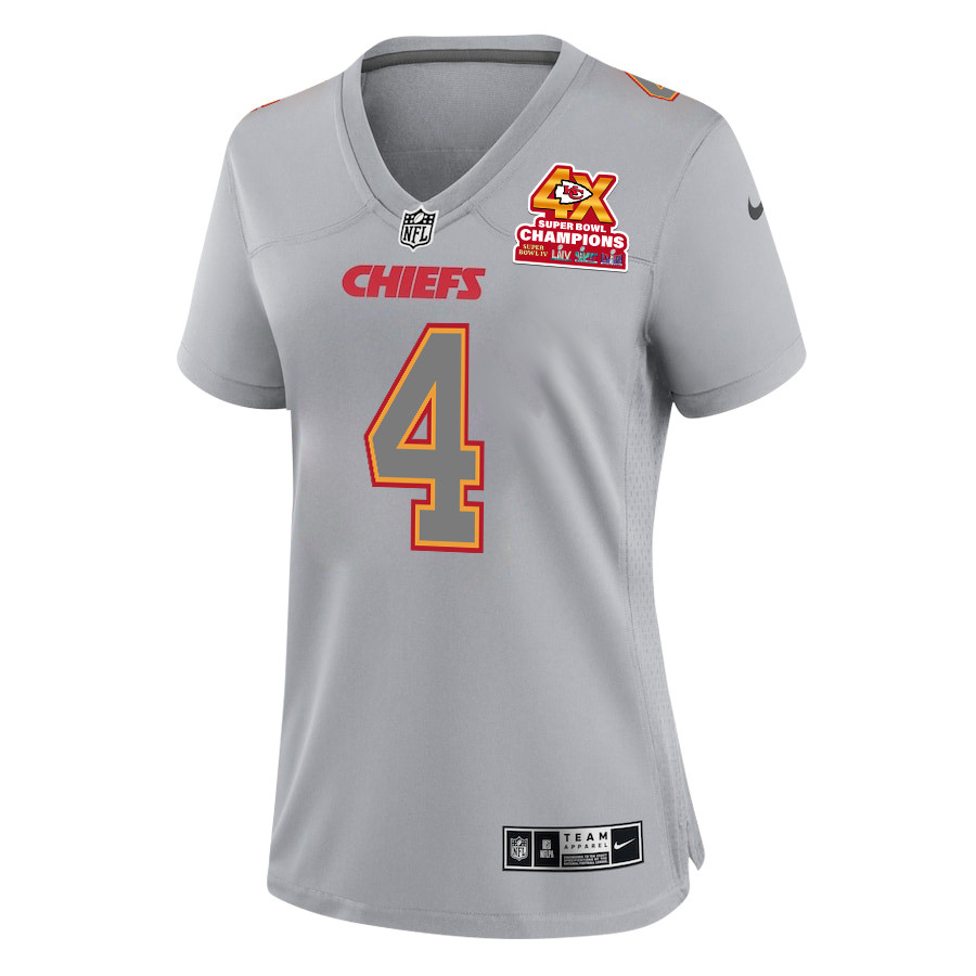 Rashee Rice 4 Kansas City Chiefs Super Bowl LVIII Champions 4X Atmosphere Fashion Game Gray NFL Jersey Women's