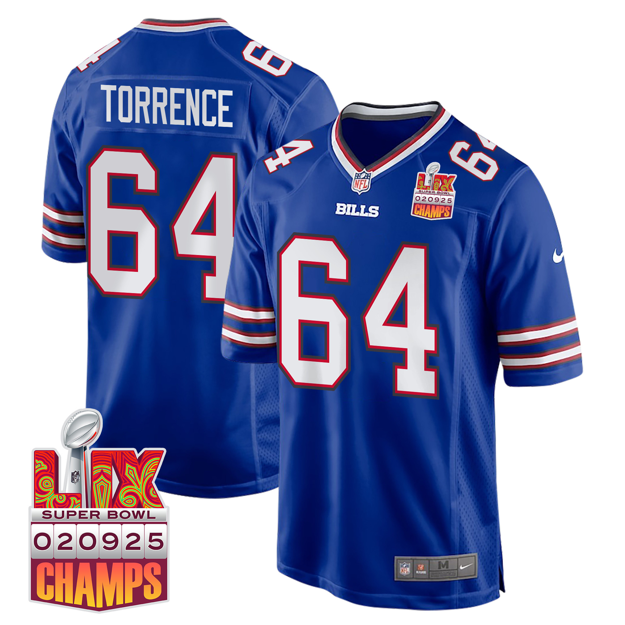 O'Cyrus Torrence 64 Buffalo Bills Super Bowl LIX Champions Patch Game Royal NFL Jersey Men's