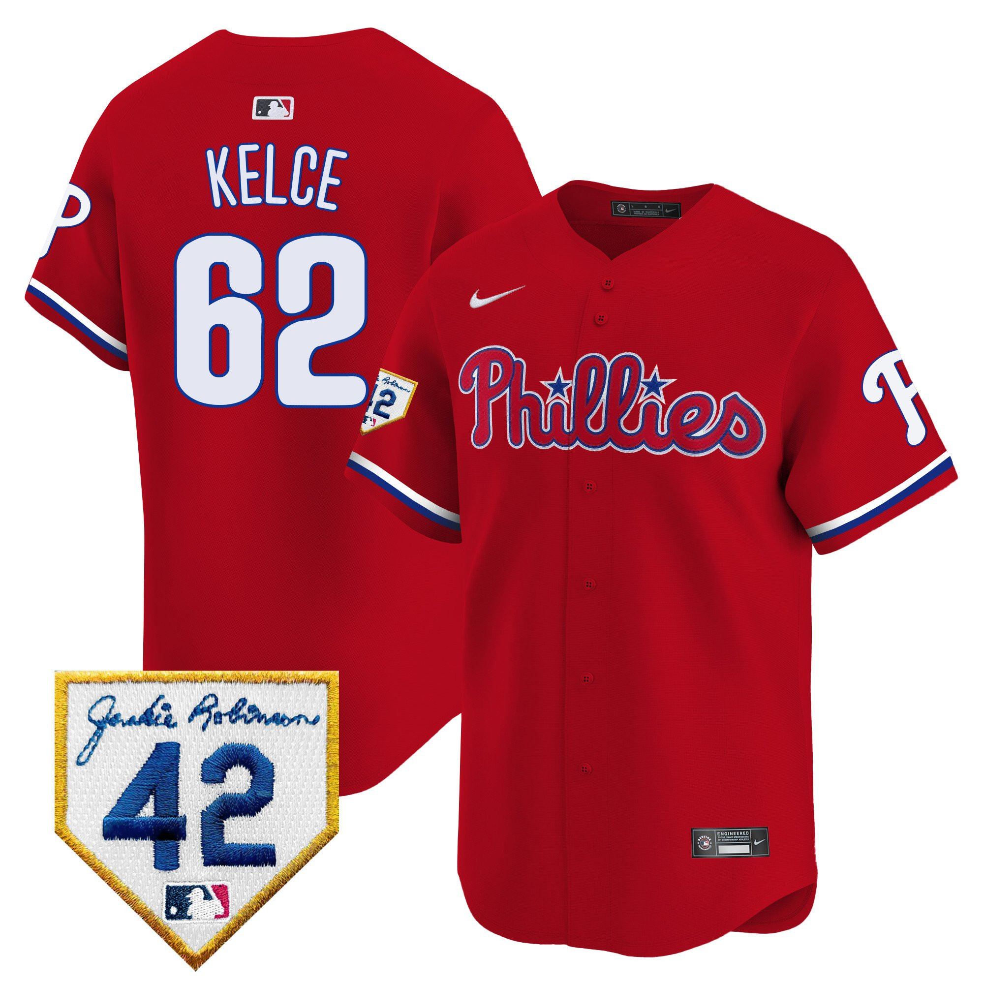 Jason Kelce 62 Philadelphia Phillies 2024 Jackie Robinson Patch Red MLB Jersey Men's