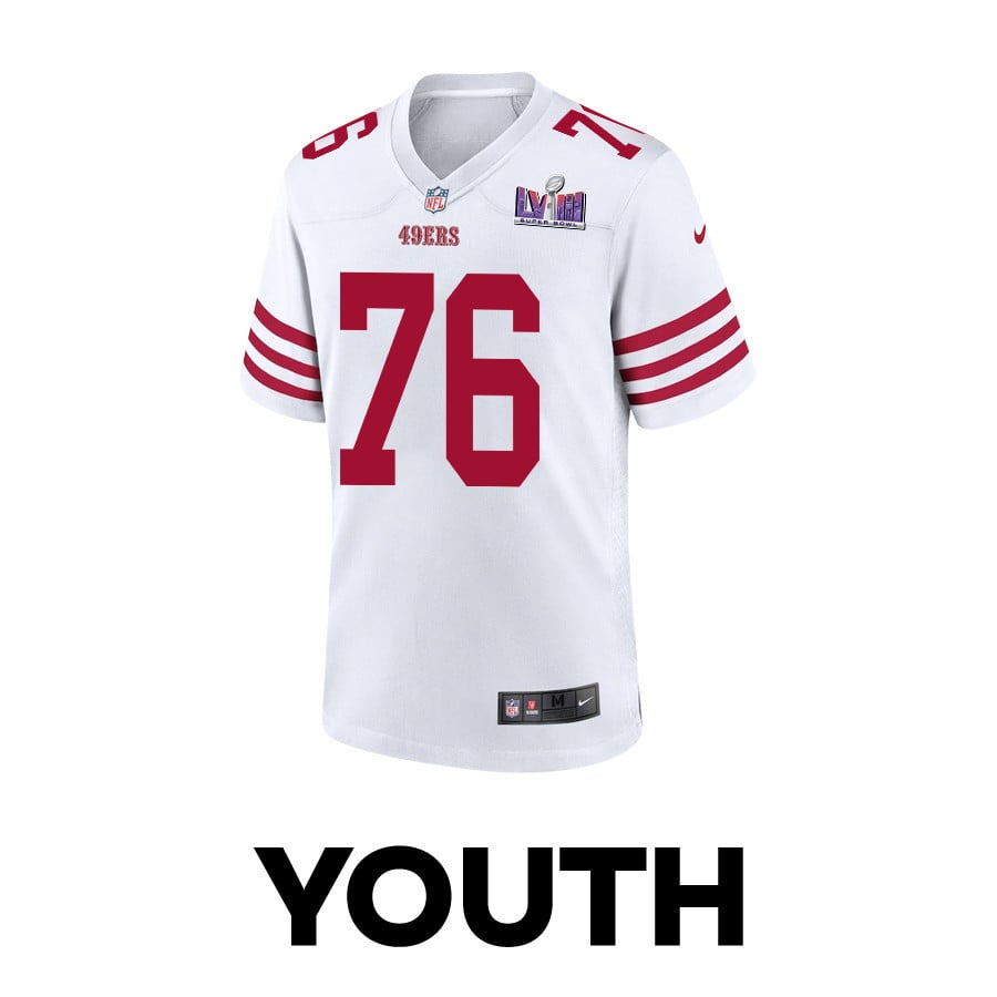Jaylon Moore 76 San Francisco 49ers Super Bowl LVIII Patch Game White NFL Jersey Youth