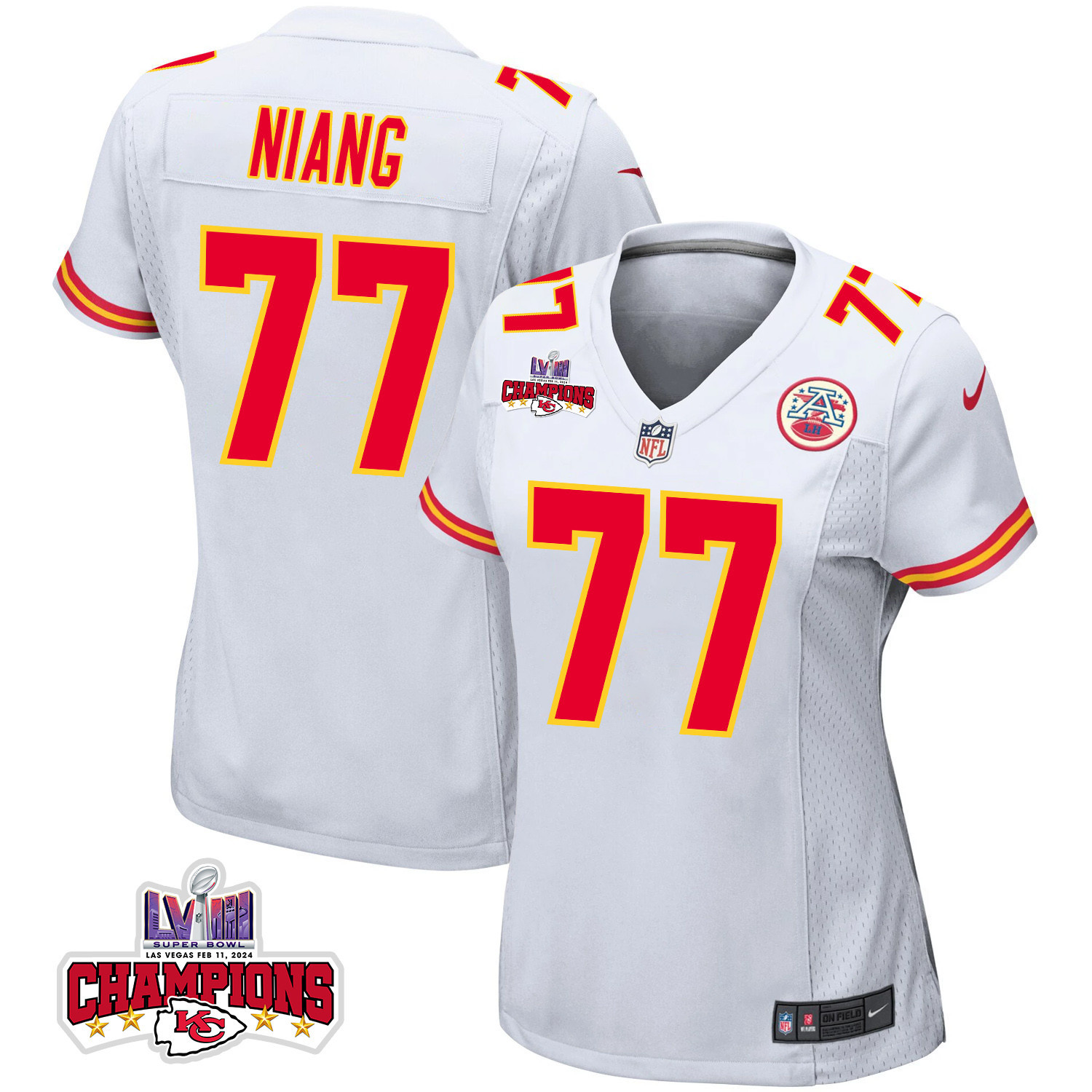 Lucas Niang 77 Kansas City Chiefs Super Bowl LVIII Champions 4 Stars Patch Game White NFL Jersey Women's