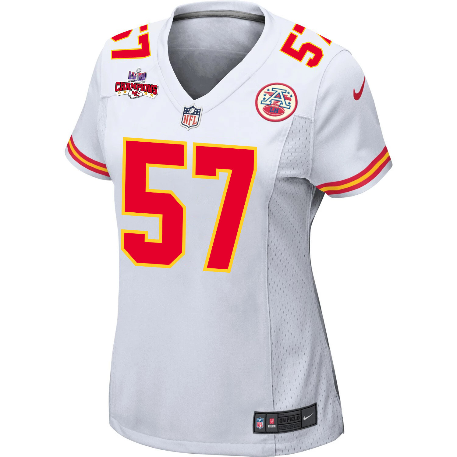 Truman Jones 57 Kansas City Chiefs Super Bowl LVIII Champions 4 Stars Patch Game White NFL Jersey Women's