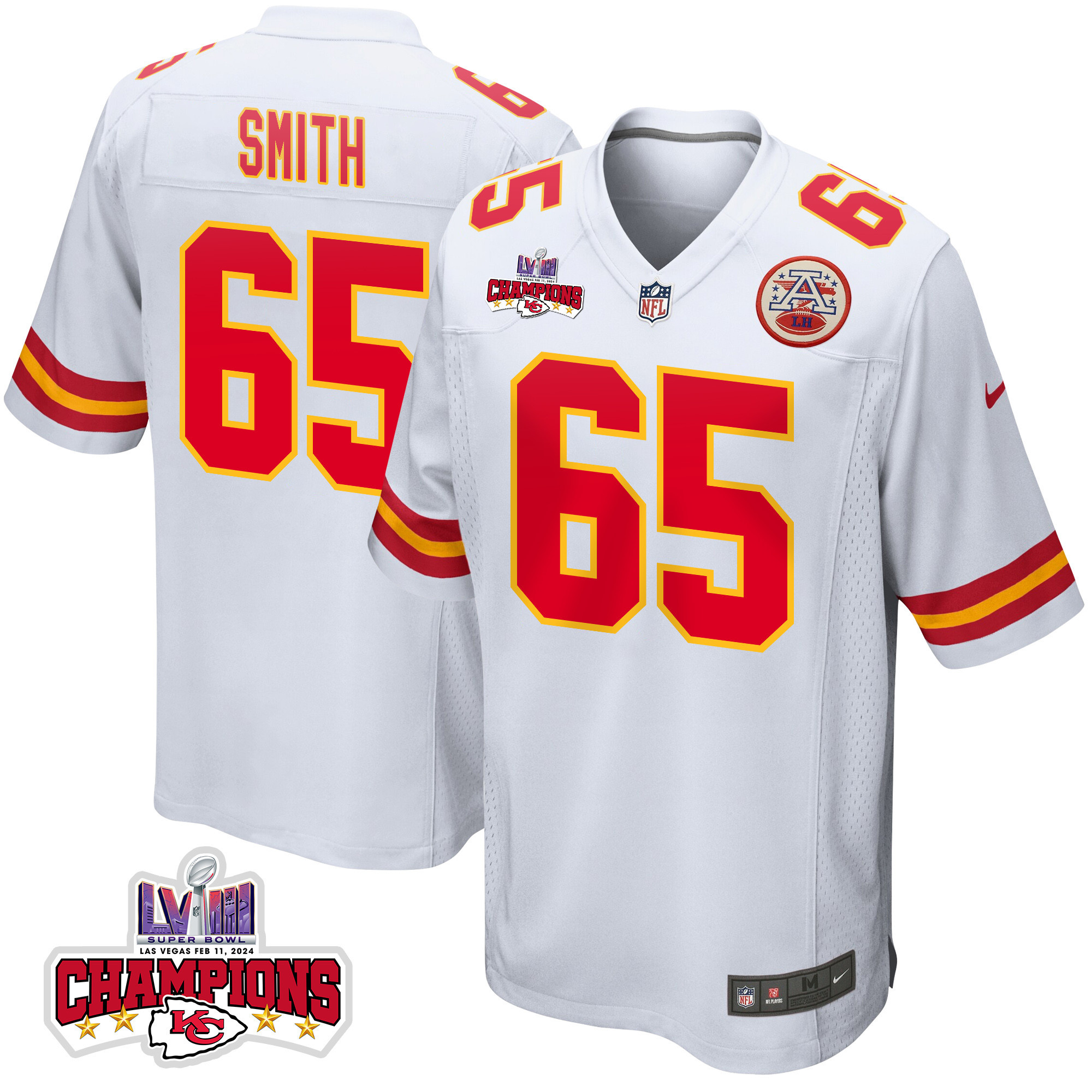 Trey Smith 65 Kansas City Chiefs Super Bowl LVIII Champions 4 Stars Patch Game White NFL Jersey Men's