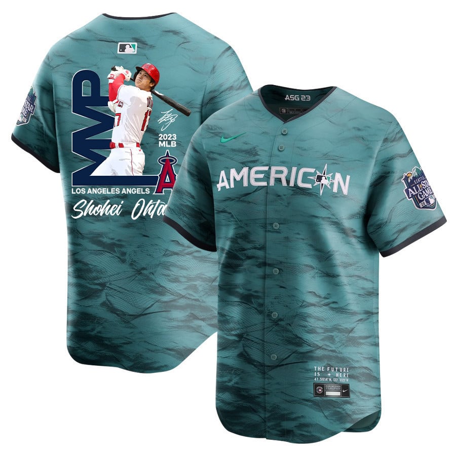 Shohei Ohtani 17 Los Angeles Angels Signed MVP 2023 All Star Game Limited Player Teal MLB Jersey Men's