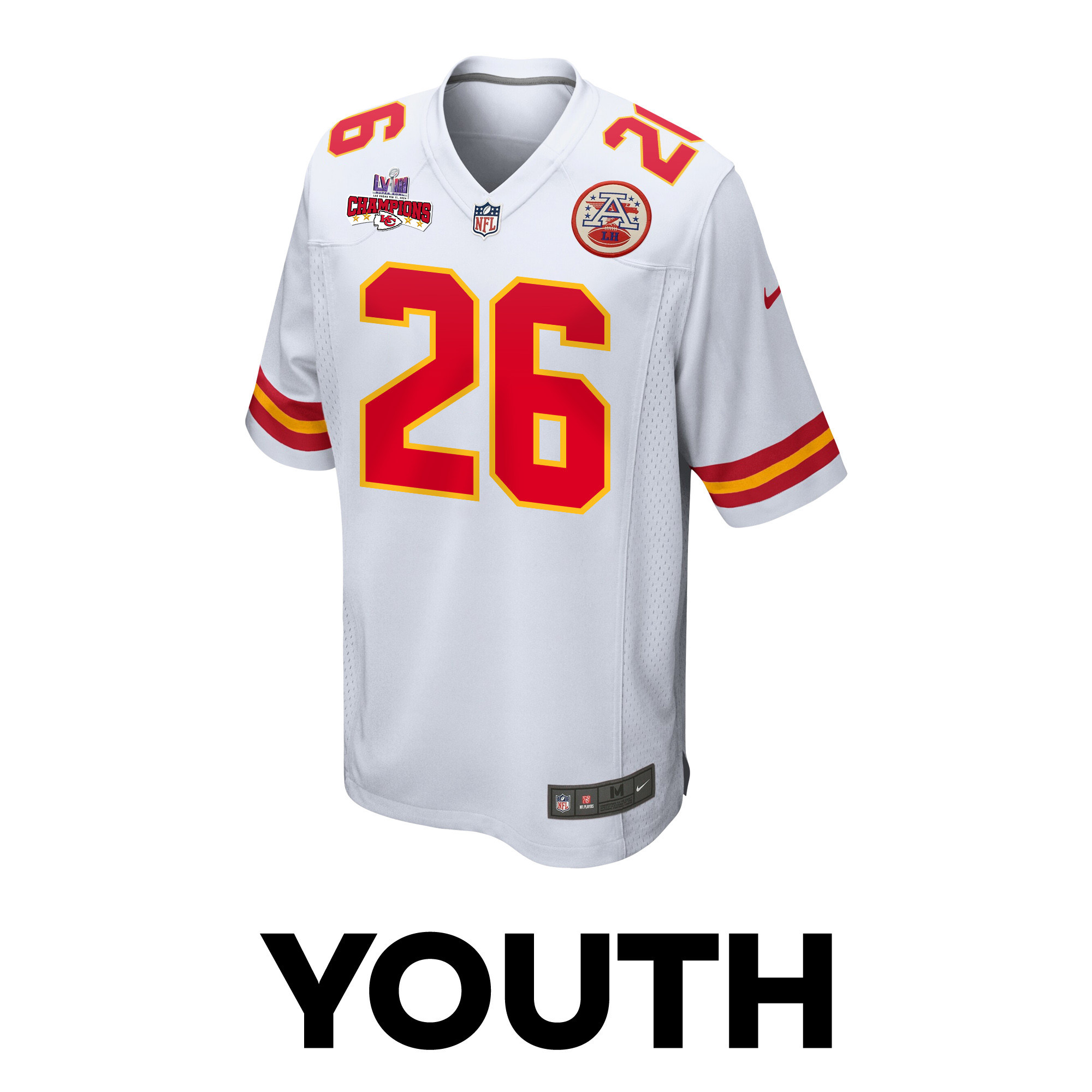 Deon Bush 26 Kansas City Chiefs Super Bowl LVIII Champions 4 Stars Patch Game White NFL Jersey Youth