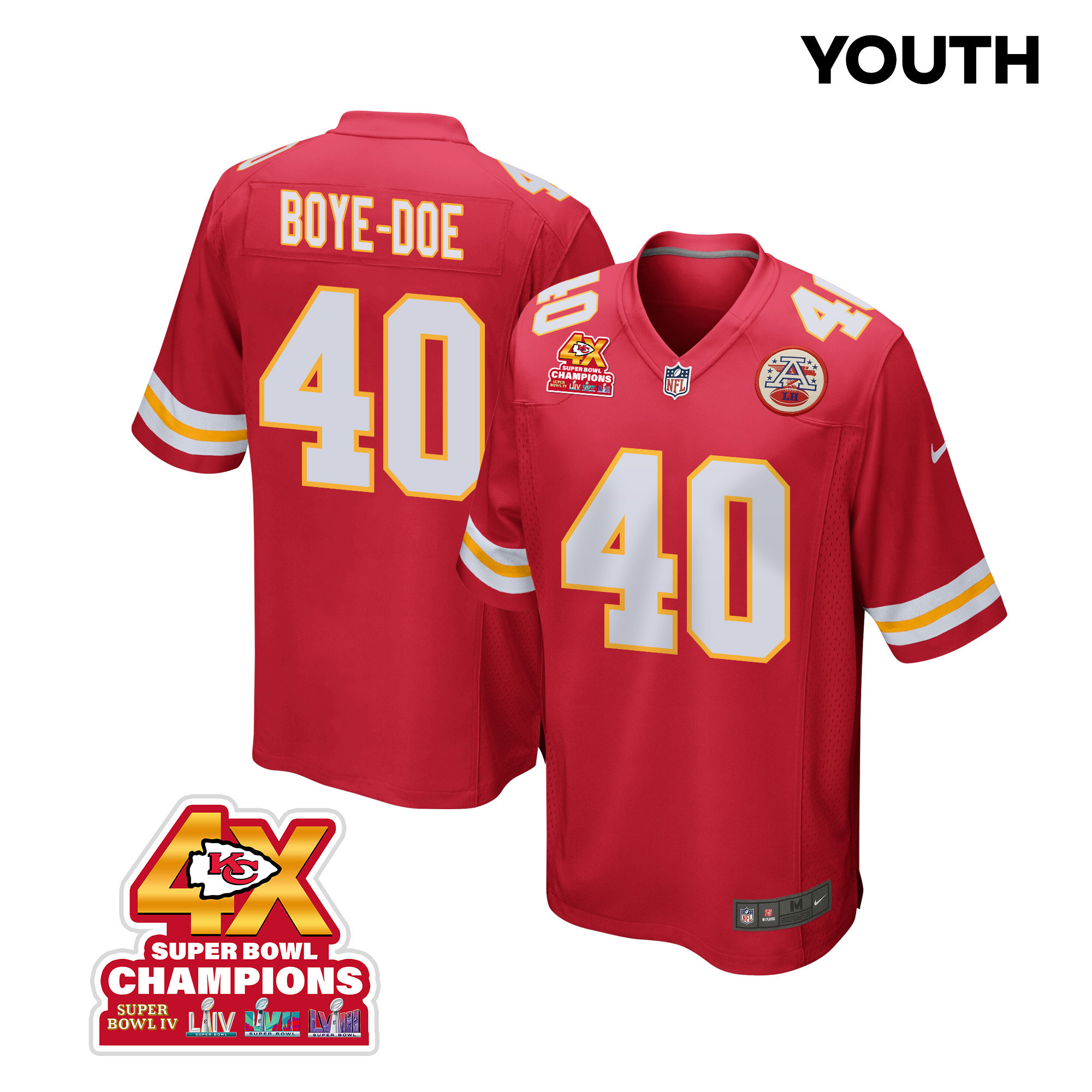 Ekow Boye-Doe 40 Kansas City Chiefs Super Bowl LVIII Champions 4X Game Red NFL Jersey Youth