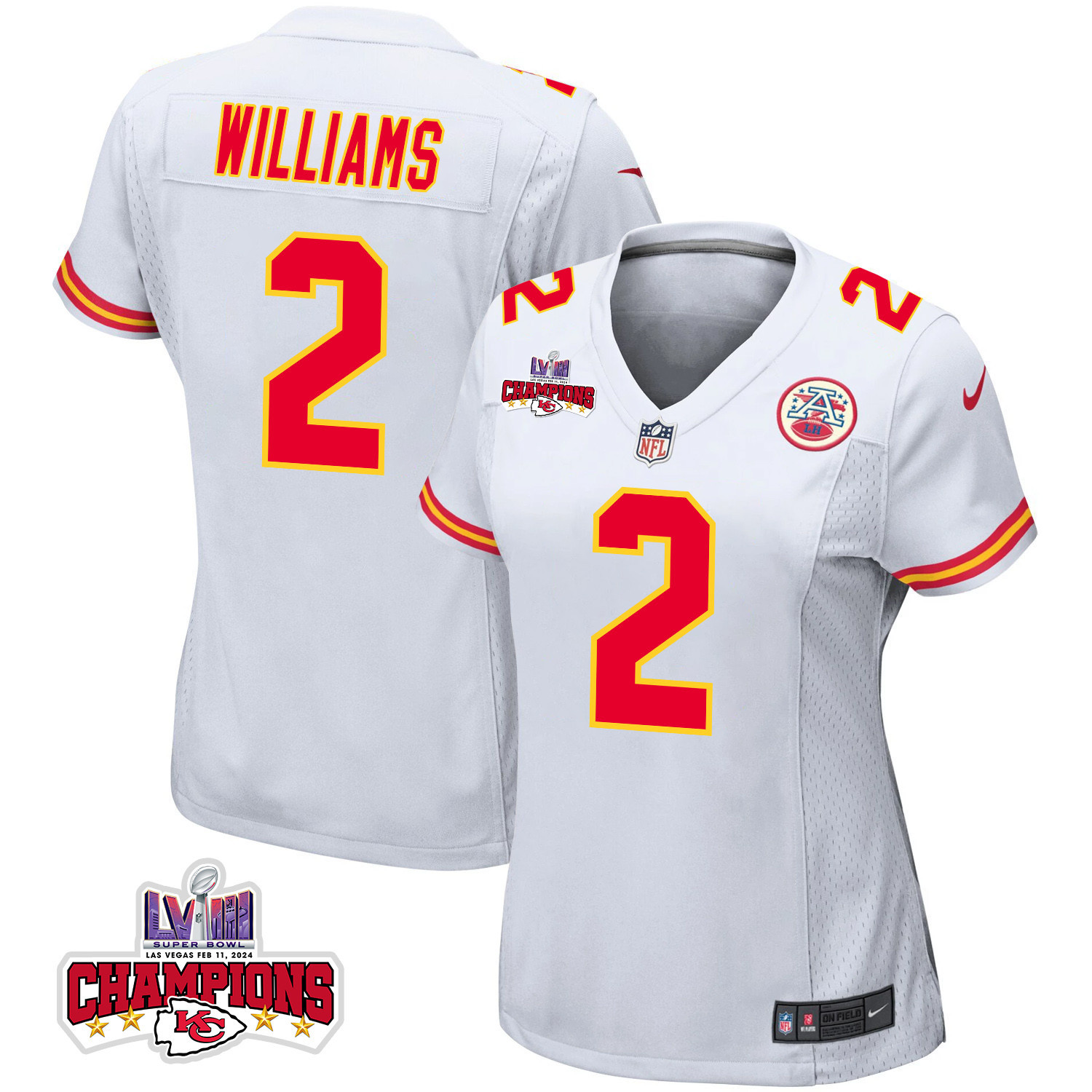Joshua Williams 2 Kansas City Chiefs Super Bowl LVIII Champions 4 Stars Patch Game White NFL Jersey Women's