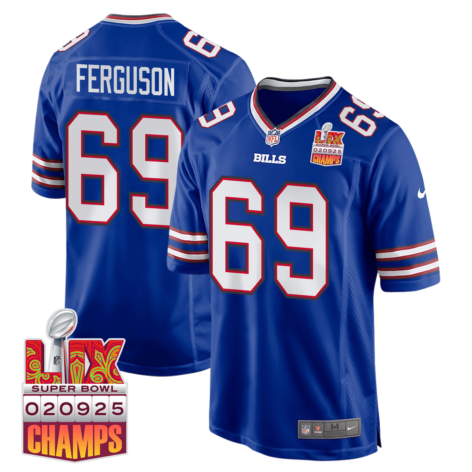 Reid Ferguson 69 Buffalo Bills Super Bowl LIX Champions Patch Game Royal NFL Jersey Men's