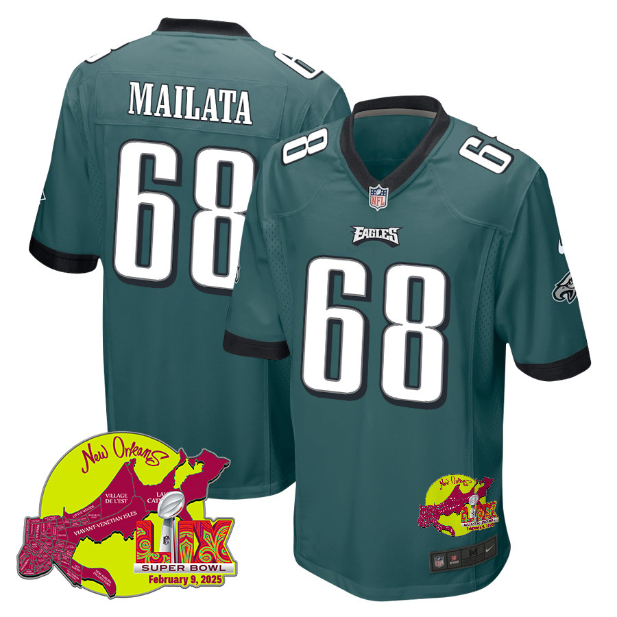 Jordan Mailata 68 Philadelphia Eagles Super Bowl LIX New Orleans Patch Game Midnight Green NFL Jersey Men's
