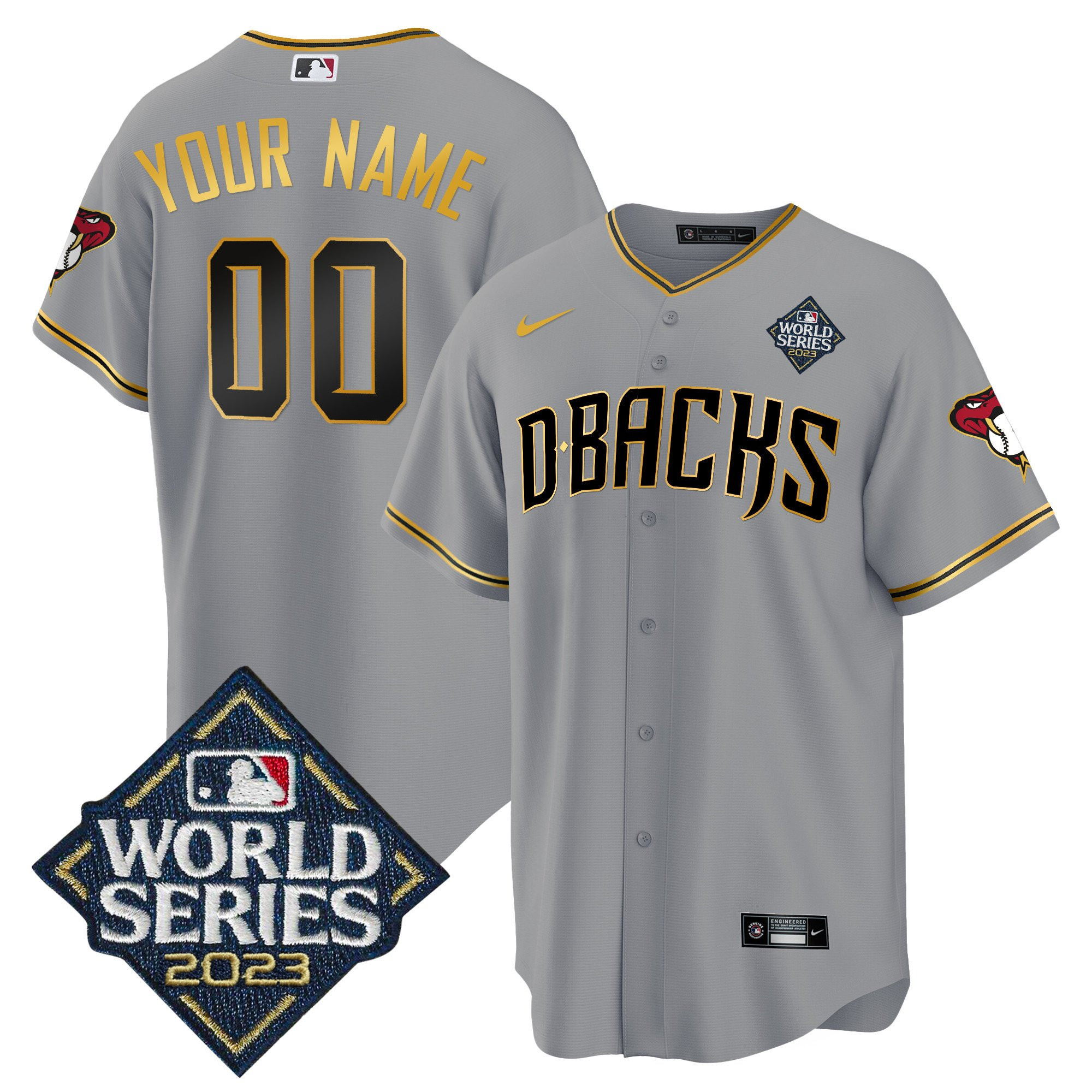Arizona Diamondbacks 2023 World Series Patch Custom Gray Gold MLB Jersey Men's
