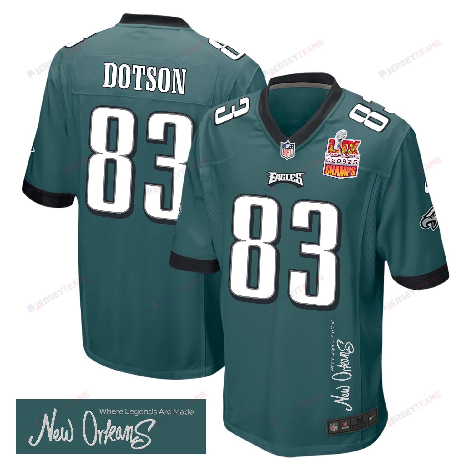 Jahan Dotson 83 Philadelphia Eagles Super Bowl LIX Champions Patch New Orleans Where Legends Are Made' EMBROIDERED Game Midnight Green NFL Jersey Men's