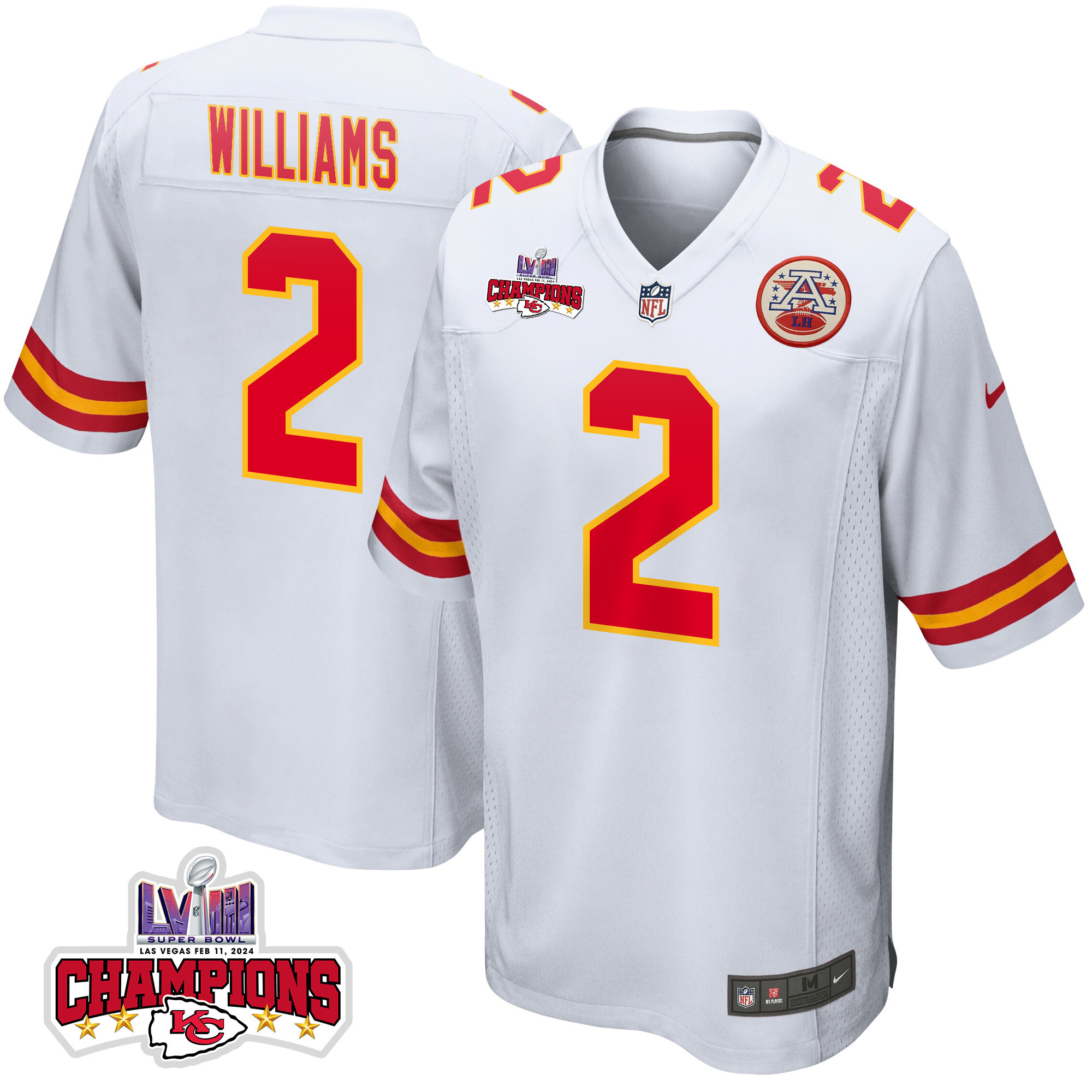 Joshua Williams 2 Kansas City Chiefs Super Bowl LVIII Champions 4 Stars Patch Game White NFL Jersey Men's