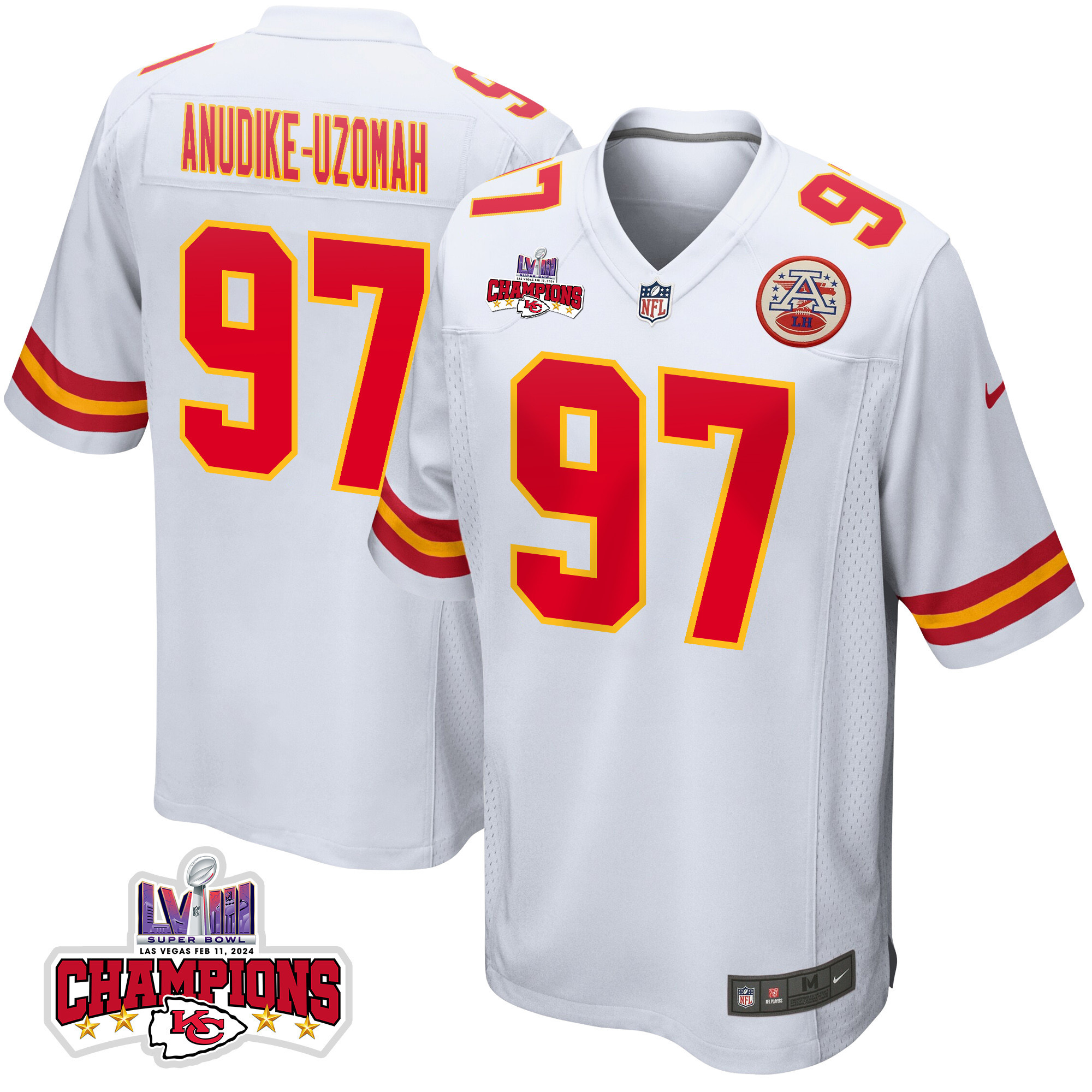 Felix Anudike-Uzomah 97 Kansas City Chiefs Super Bowl LVIII Champions 4 Stars Patch Game White NFL Jersey Men's