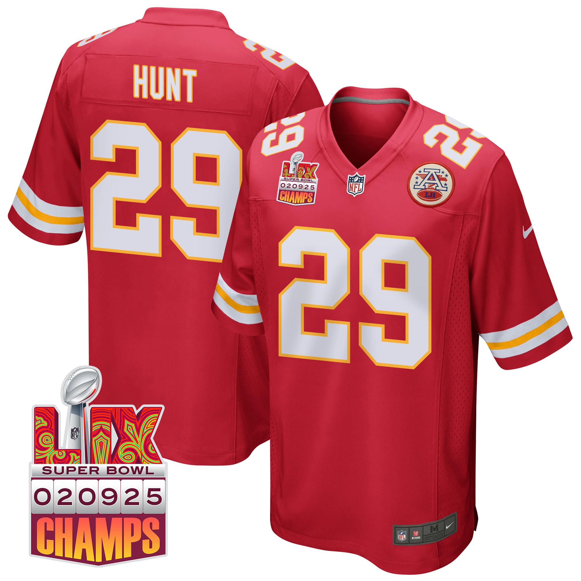 Kareem Hunt 29 Kansas City Chiefs Super Bowl LIX Champions Patch Game Red NFL Jersey Men's