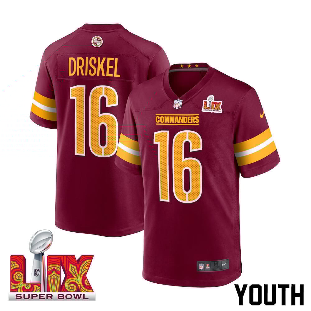 Jeff Driskel #16 Washington Commanders Super Bowl LIX Burgundy NFL Jersey Youth