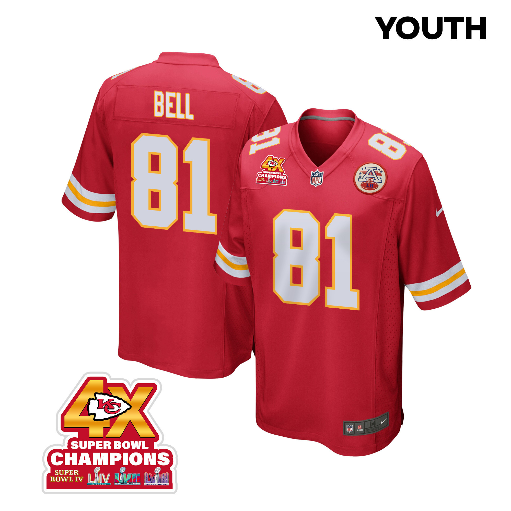 Blake Bell 81 Kansas City Chiefs Super Bowl LVIII Champions 4X Game Red NFL Jersey Youth