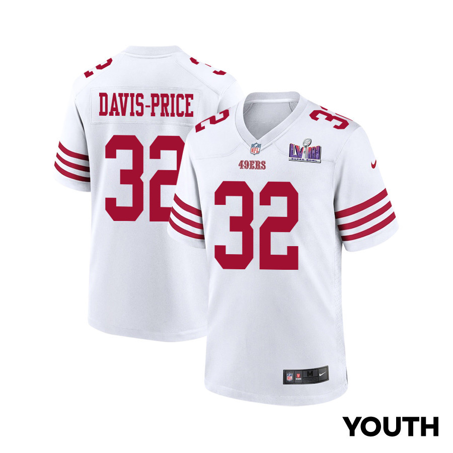 Tyrion Davis-Price 32 San Francisco 49ers Super Bowl LVIII Patch Game White NFL Jersey Youth