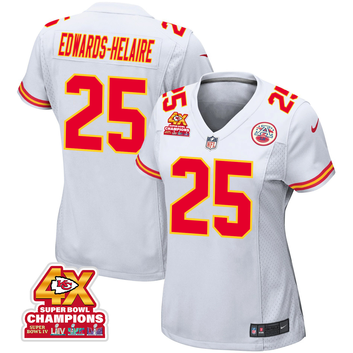 Clyde Edwards-Helaire 25 Kansas City Chiefs Super Bowl LVIII Champions 4X Game White NFL Jersey Women's