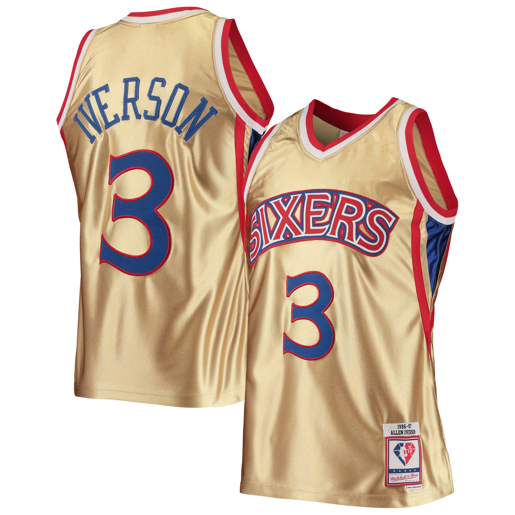 Mitchell Ness Allen Iverson Gold Philadelphia 76ers 75th Anniversary 1996/97 Hardwood Classics Swingman NBA Jersey Men's