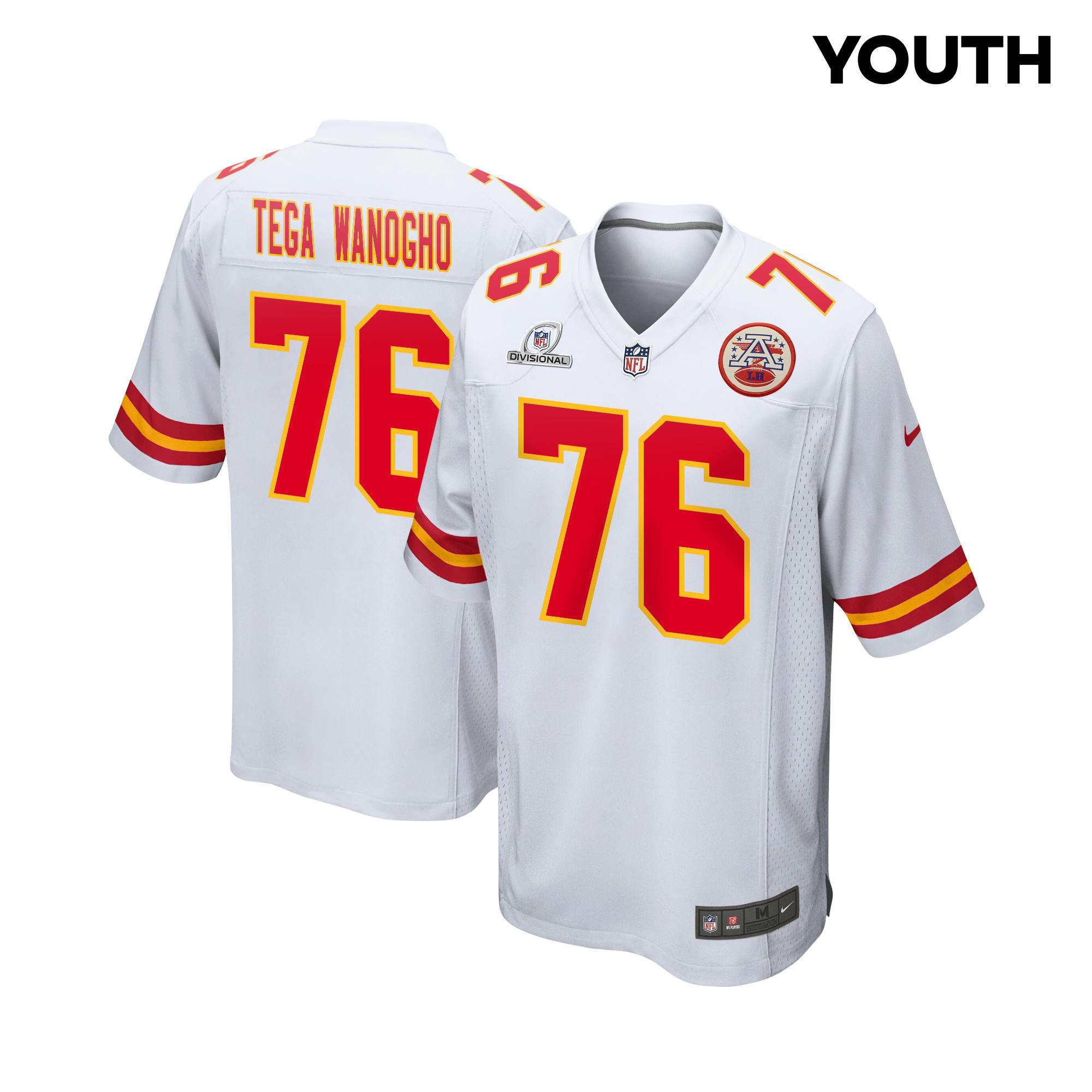 Prince Tega Wanogho 76 Kansas City Chiefs Super Bowl LVIII Patch Game White NFL Jersey Youth