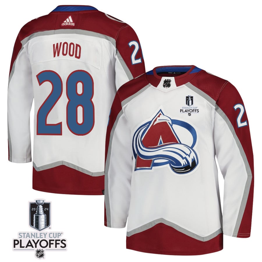 Miles Wood 28 Colorado Avalanche 2024 Playoffs Patch Away White NHL Jersey Men's