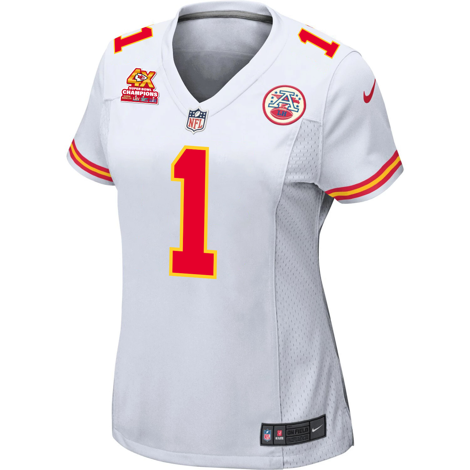 Jerick McKinnon 1 Kansas City Chiefs Super Bowl LVIII Champions 4X Game White NFL Jersey Women's