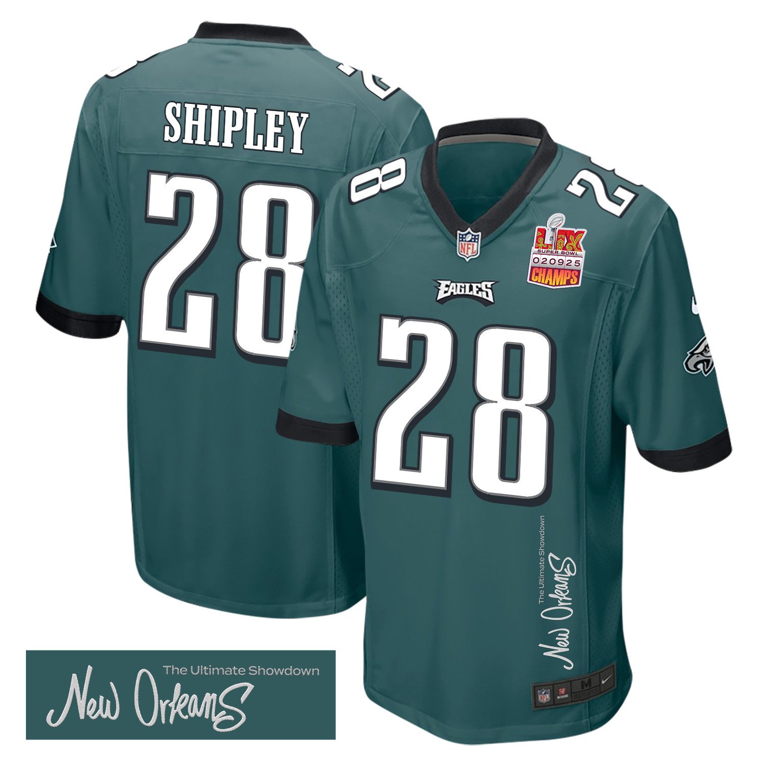 Will Shipley 28 Philadelphia Eagles Super Bowl LIX Champions Patch New Orleans The Ultimate Showdown' EMBROIDERED Game Midnight Green NFL Jersey Men's