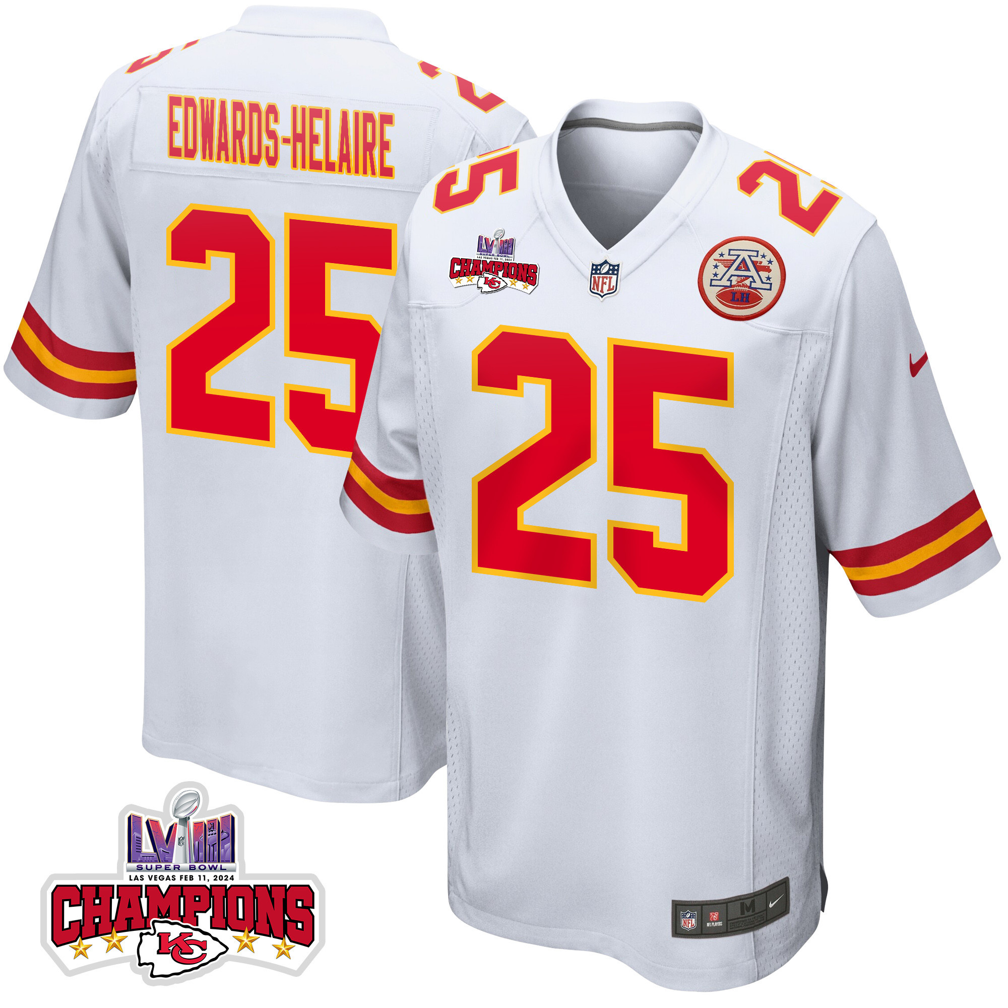 Clyde Edwards-Helaire 25 Kansas City Chiefs Super Bowl LVIII Champions 4 Stars Patch Game White NFL Jersey Men's