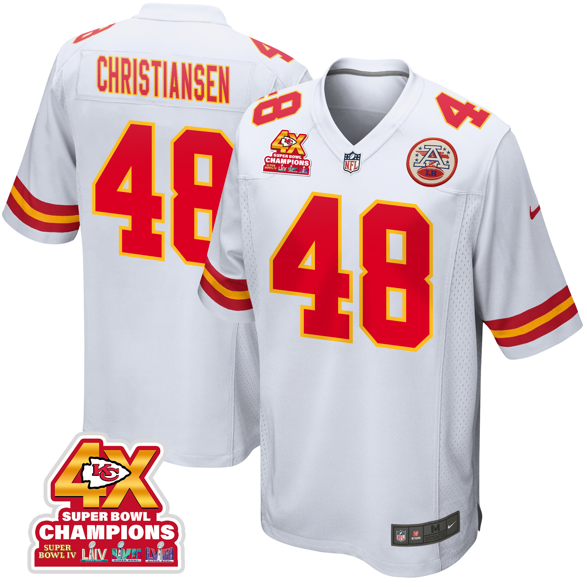 Cole Christiansen 48 Kansas City Chiefs Super Bowl LVIII Champions 4X Game White NFL Jersey Men's