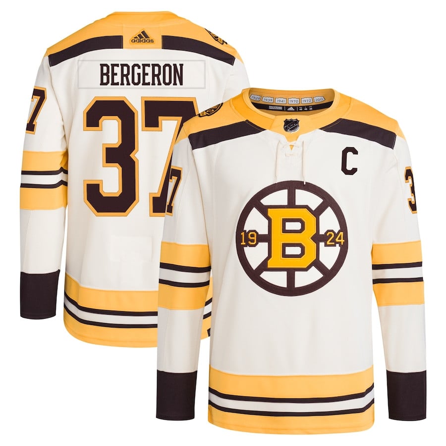 Patrice Bergeron 37 Boston Bruins 100th Anniversary Primegreen Third Cream NHL Jersey Men's