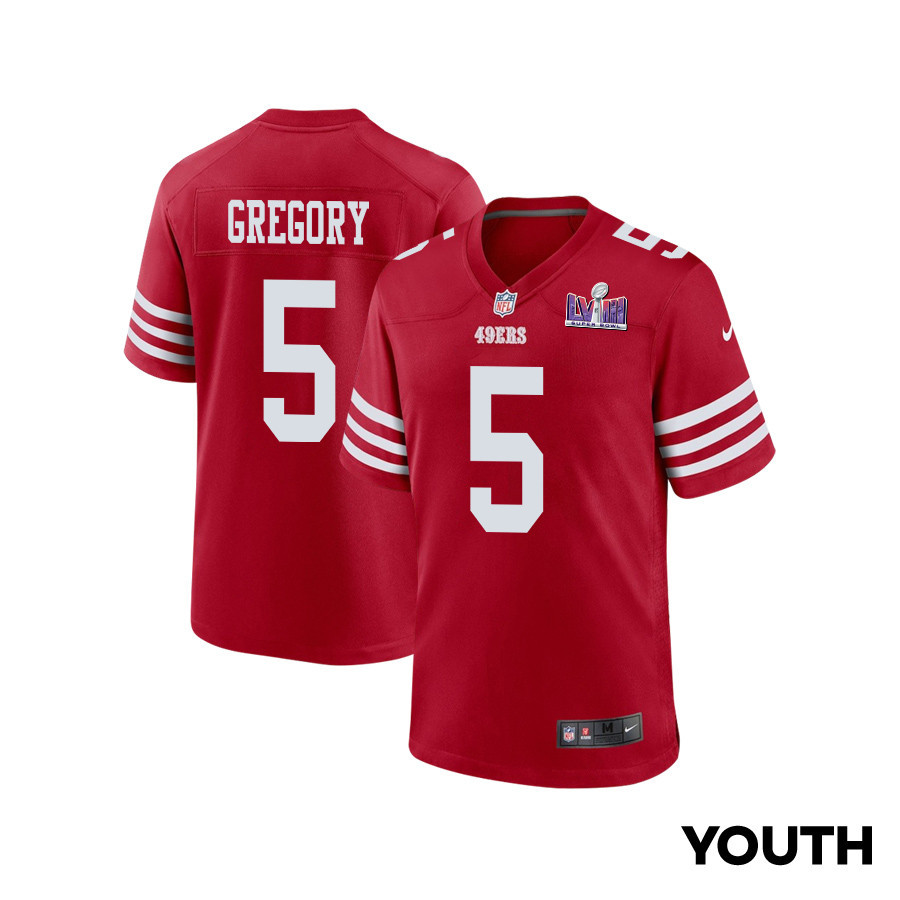 Randy Gregory 5 San Francisco 49ers Super Bowl LVIII Patch Game Scarlet NFL Jersey Youth