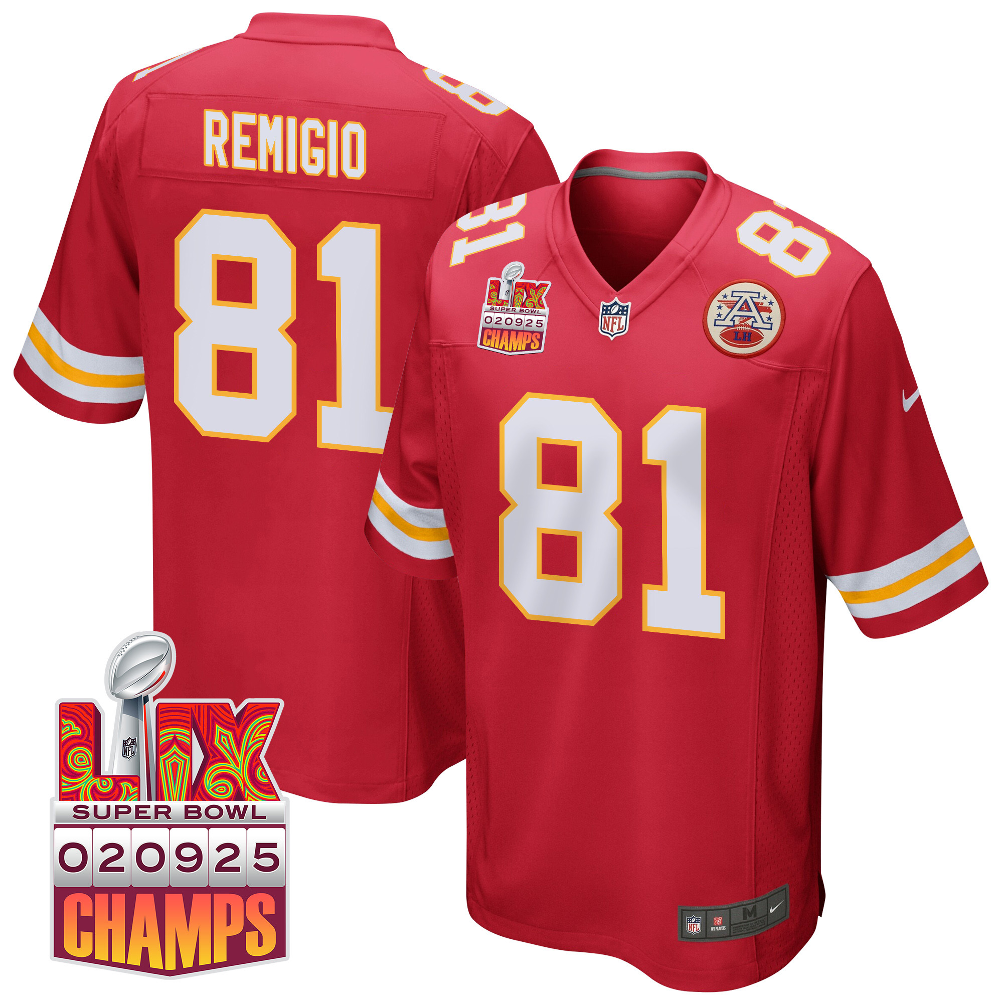 Nikko Remigio 81 Kansas City Chiefs Super Bowl LIX Champions Patch Game Red NFL Jersey Men's