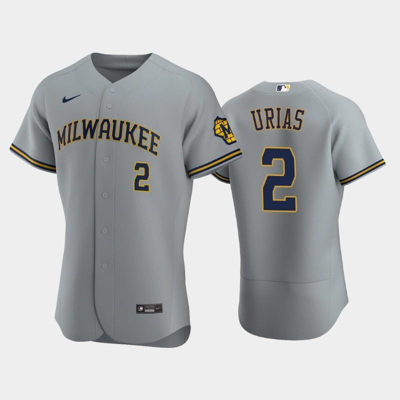 Milwaukee Brewers 2 Luis Urias Road Team Gray MLB Jersey Men's