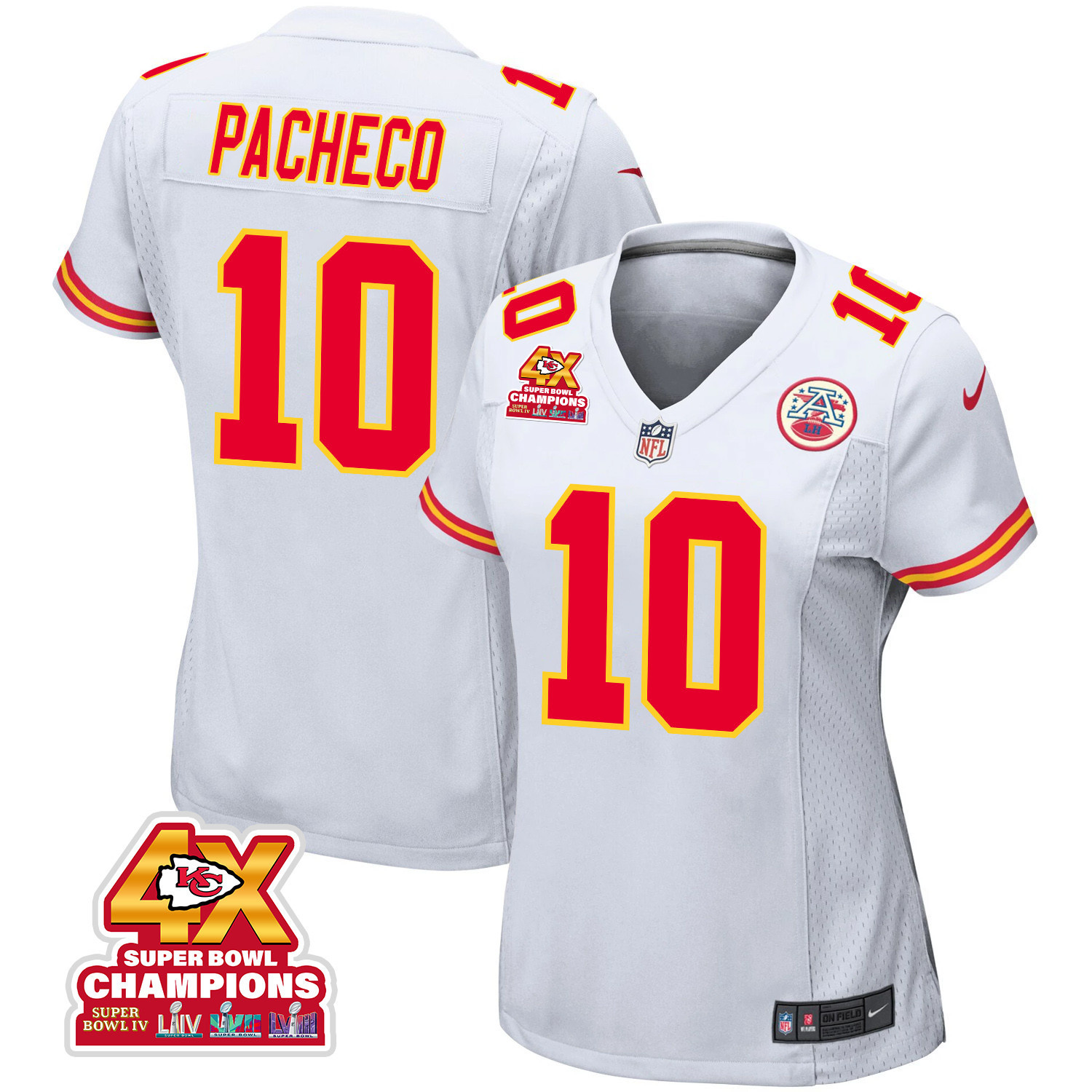 Isiah Pacheco 10 Kansas City Chiefs Super Bowl LVIII Champions 4X Game White NFL Jersey Women's