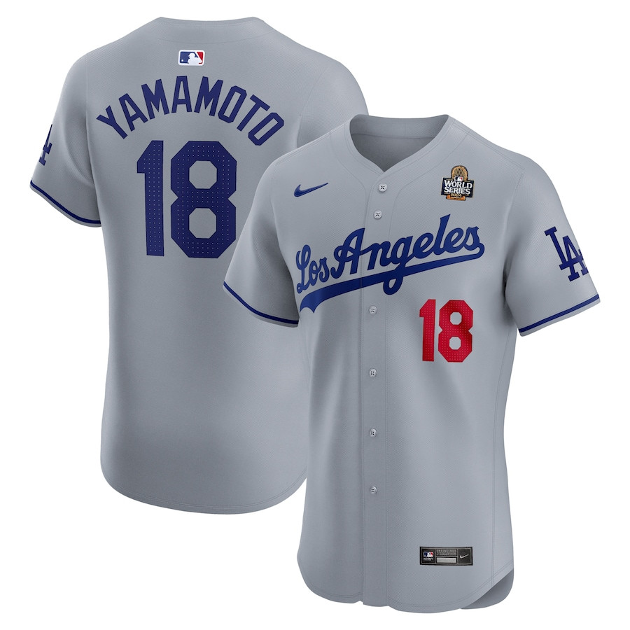 Yoshinobu Yamamoto 18 Los Angeles Dodgers 2024 World Series Road Elite Player Gray MLB Jersey Men's
