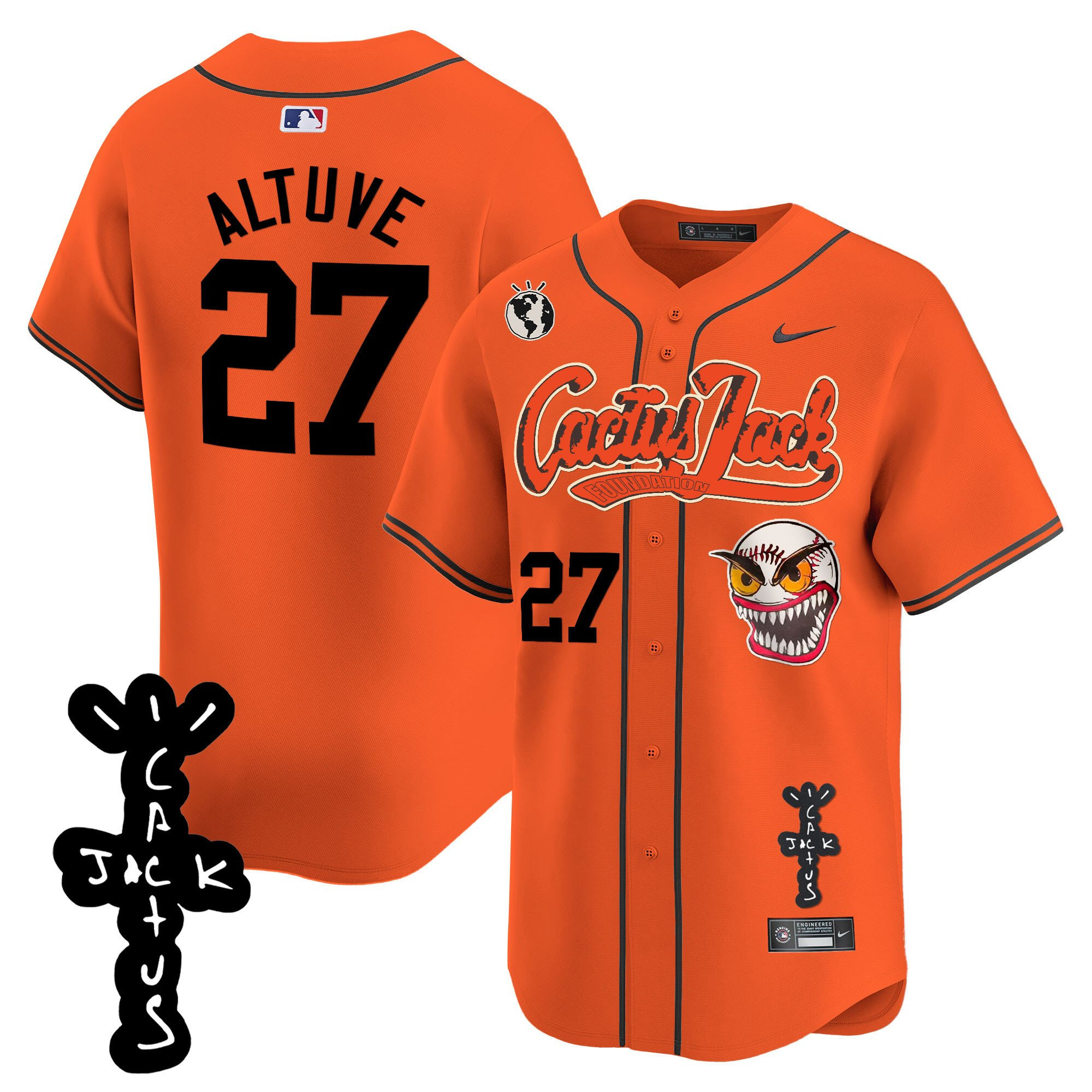 Jose Altuve 27 Houston Astros Cactus Jack Patch V2 Orange MLB Jersey Men's