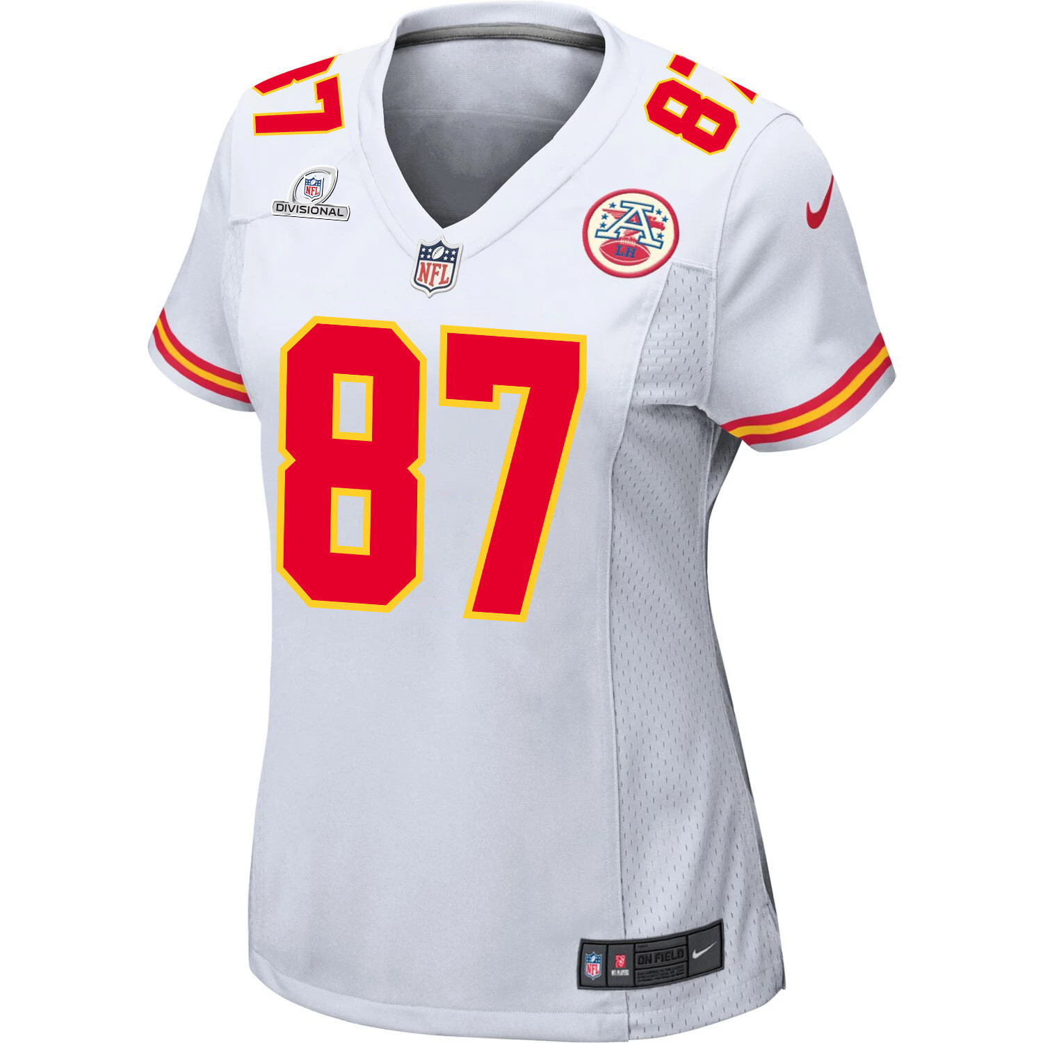 Travis Kelce 87 Kansas City Chiefs Super Bowl LVIII Patch Game White NFL Jersey Women's