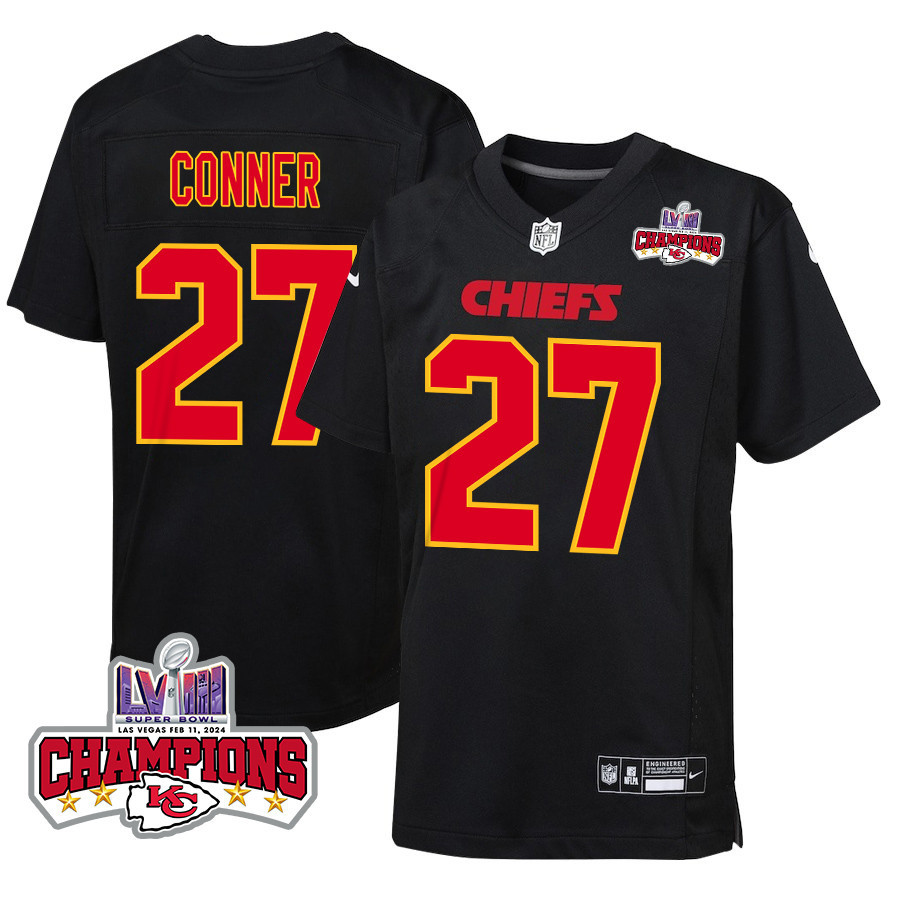 Chamarri Conner 27 Kansas City Chiefs Super Bowl LVIII Champions 4 Stars Patch Fashion Game Carbon Black NFL Jersey Youth