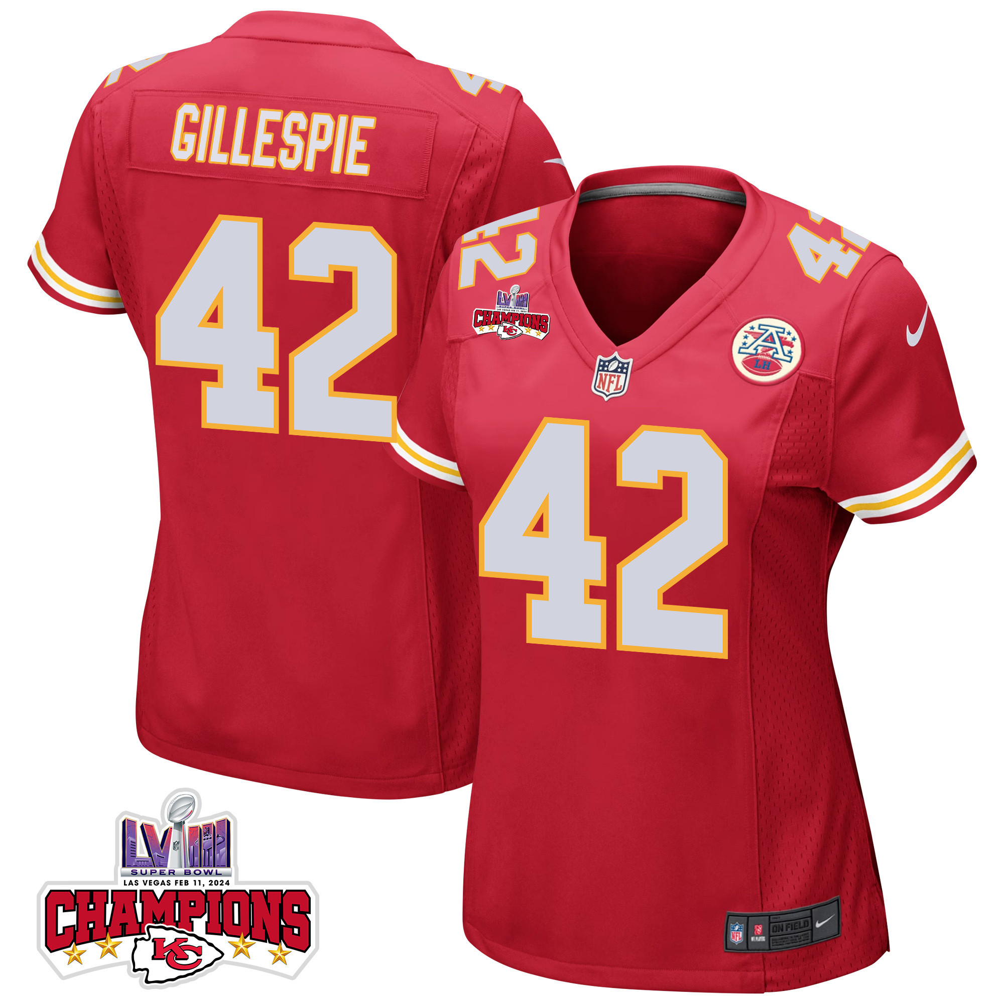 Tyree Gillespie 42 Kansas City Chiefs Super Bowl LVIII Champions 4 Stars Patch Game Red NFL Jersey Women's