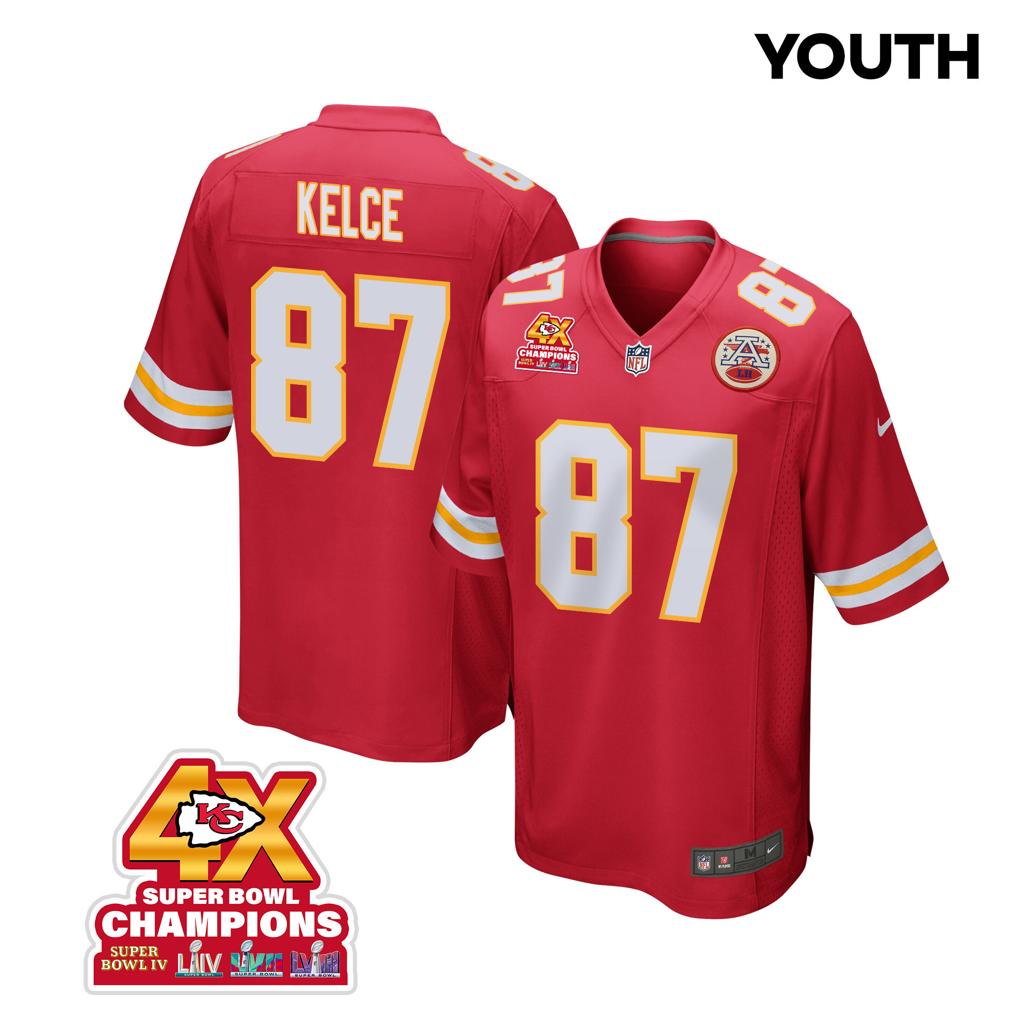 Travis Kelce 87 Kansas City Chiefs Super Bowl LVIII Champions 4X Game Red NFL Jersey Youth